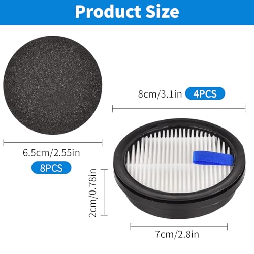 HEPA Filter Replacement 4 Pack and Sponge Filter Replacement 8 Pack for Afoddon A200Pro/A200, ORFELD B08/C10A/C10G and