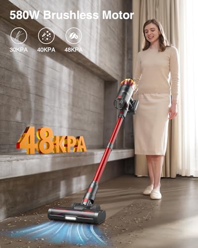 Cordless Vacuum Cleaner 580W 48KPA 65Mins Rechargeable for Home Carpet Hardwood Floor | Cordless Vacuum with Anti-Tangl