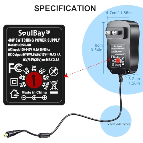 SoulBay 48W Universal AC Adapter for Household Electronics with 11 Tips USB-C & 5.5 * |1mm Plug-in Transformer USA Plug-