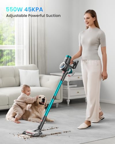 Rechargeable Cordless Vacuum Cleaner for Home, 550W/45Kpa/65Mins, Lightweight for Carpet/Pet Hair/Hardwood Floor, Self-