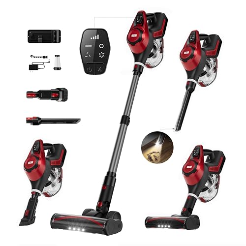 Red Rechargeable Lightweight Cordless Vacuum Cleaner with Smart Display for Home Cleaning (30Kpa, 1.5L Dust Cup, 55mins