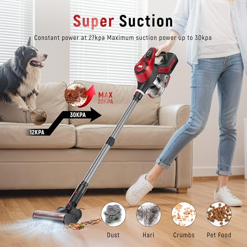 Red Rechargeable Lightweight Cordless Vacuum Cleaner with Smart Display for Home Cleaning (30Kpa, 1.5L Dust Cup, 55mins