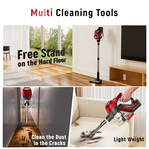 Red Rechargeable Lightweight Cordless Vacuum Cleaner with Smart Display for Home Cleaning (30Kpa, 1.5L Dust Cup, 55mins