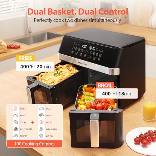 12QT Large Dual Air Fryer Black for Quick & Easy Cooking 12QT Large Dual Air Fryer with SyncCook Function for Healthy