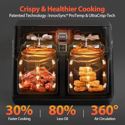 12QT Large Dual Air Fryer Black for Quick & Easy Cooking 12QT Large Dual Air Fryer with SyncCook Function for Healthy