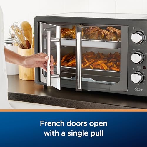 Oster Extra-Large French Door Air Fryer Countertop Oven Stainless Steel Reduces Energy and Cooking Time Versatile Access