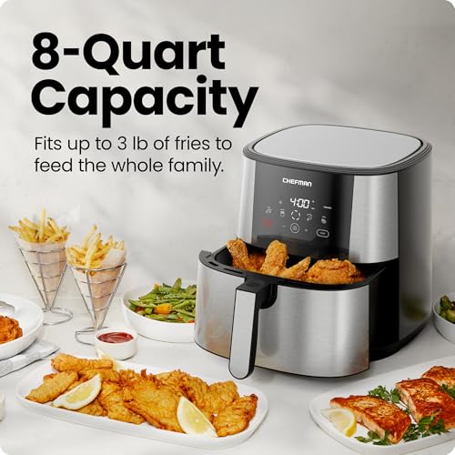 Chefman TurboFry® Touch Air Fryer, XL 8-Qt Family Size, One Touch Digital Control Presets for French Fries, Chicken, and