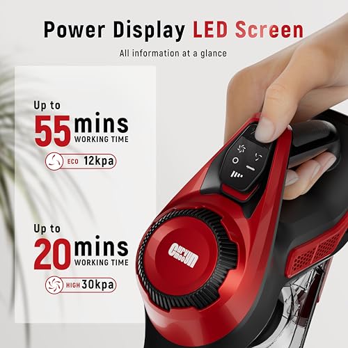 Red Rechargeable Lightweight Cordless Vacuum Cleaner with Smart Display for Home Cleaning (30Kpa, 1.5L Dust Cup, 55mins